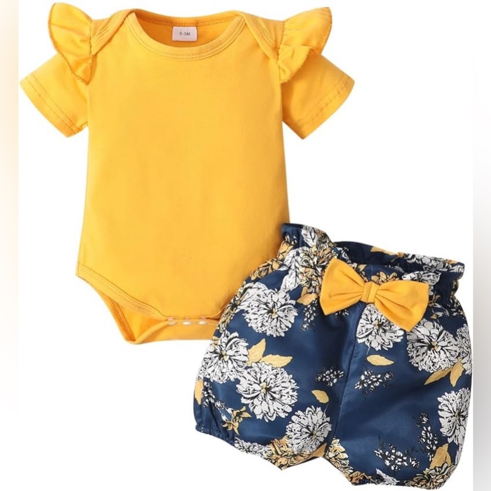 Newborn Baby Girl Soild Romper Floral Shorts Outfits Set